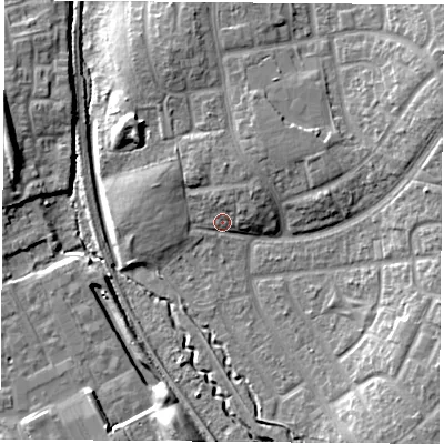 Shaded relief map of the ground around TS37PZ, computed from Environment Agency LiDAR. The ground here sits at about 12 m above sea level and falls 14 m across the surrounding 800 m. Surface water reaching this point runs off ground lying to the south-east, 8.2 m higher.