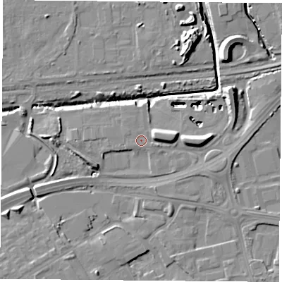 Shaded relief map of the ground around TS38AG, computed from Environment Agency LiDAR. The ground here sits at about 7 m above sea level and falls 15 m across the surrounding 800 m. Surface water reaching this point runs off ground lying to the east, 3.8 m higher.