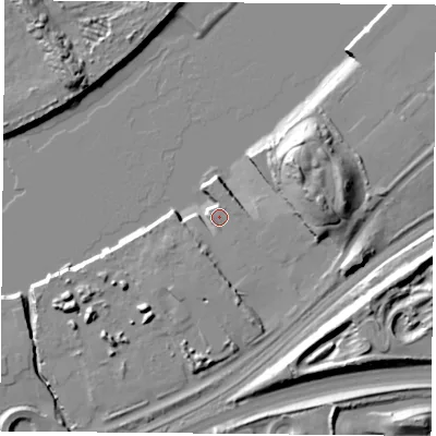 Shaded relief map of the ground around TS38AS, computed from Environment Agency LiDAR. The ground here sits at about 4 m above sea level and falls 22 m across the surrounding 800 m. Surface water reaching this point runs off ground lying to the east, 19.3 m higher.