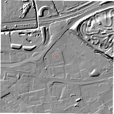 Shaded relief map of the ground around TS38AX, computed from Environment Agency LiDAR. The ground here sits at about 6 m above sea level and falls 18 m across the surrounding 800 m. The ground contributing surface water to this point lies to the west-south-west.