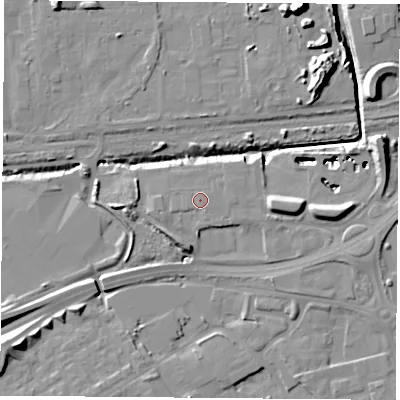 Shaded relief map of the ground around TS38AY, computed from Environment Agency LiDAR. The ground here sits at about 7 m above sea level and falls 16 m across the surrounding 800 m. Surface water reaching this point runs off ground lying to the south-west, 0.8 m higher.