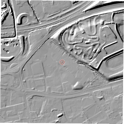 Shaded relief map of the ground around TS38BD, computed from Environment Agency LiDAR. The ground here sits at about 4 m above sea level and falls 18 m across the surrounding 800 m. Surface water reaching this point runs off ground lying to the south-south-east, 1.9 m higher.
