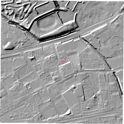 Shaded relief map of the ground around TS38BL, computed from Environment Agency LiDAR. The ground here sits at about 6 m above sea level and falls 13 m across the surrounding 800 m. Surface water reaching this point runs off ground lying to the south-south-east, 2.3 m higher.