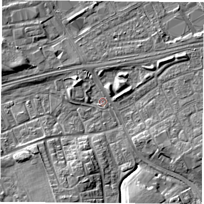 Shaded relief map of the ground around TS38EX, computed from Environment Agency LiDAR. The ground here sits at about 7 m above sea level and falls 7 m across the surrounding 800 m. Surface water reaching this point runs off ground lying to the north-east, 1.4 m higher.