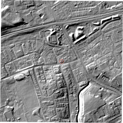 Shaded relief map of the ground around TS38EY, computed from Environment Agency LiDAR. The ground here sits at about 7 m above sea level and falls 9 m across the surrounding 800 m. Surface water reaching this point runs off ground lying to the south, 8.2 m higher.