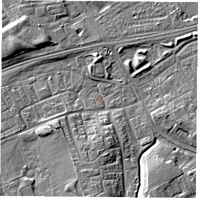 Shaded relief map of the ground around TS38EZ, computed from Environment Agency LiDAR. The ground here sits at about 6 m above sea level and falls 9 m across the surrounding 800 m. Surface water reaching this point runs off ground lying to the south, 7.9 m higher.