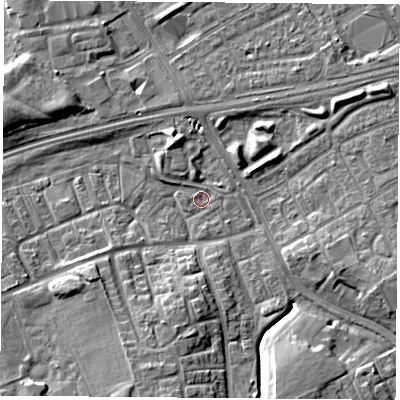 Shaded relief map of the ground around TS38HA, computed from Environment Agency LiDAR. The ground here sits at about 6 m above sea level and falls 8 m across the surrounding 800 m. Surface water reaching this point runs off ground lying to the south, 7.2 m higher.