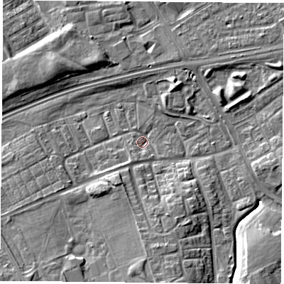 Shaded relief map of the ground around TS38HB, computed from Environment Agency LiDAR. The ground here sits at about 7 m above sea level and falls 9 m across the surrounding 800 m. Surface water reaching this point runs off ground lying to the south, 7.9 m higher.