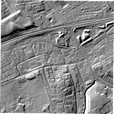 Shaded relief map of the ground around TS38HD, computed from Environment Agency LiDAR. The ground here sits at about 6 m above sea level and falls 9 m across the surrounding 800 m. Surface water reaching this point runs off ground lying to the south, 7.8 m higher.
