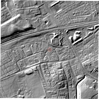 Shaded relief map of the ground around TS38HE, computed from Environment Agency LiDAR. The ground here sits at about 6 m above sea level and falls 9 m across the surrounding 800 m. Surface water reaching this point runs off ground lying to the south, 7.2 m higher.