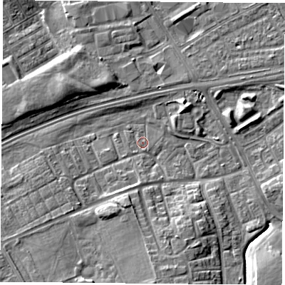 Shaded relief map of the ground around TS38HF, computed from Environment Agency LiDAR. The ground here sits at about 6 m above sea level and falls 9 m across the surrounding 800 m. Surface water reaching this point runs off ground lying to the south, 7.3 m higher.