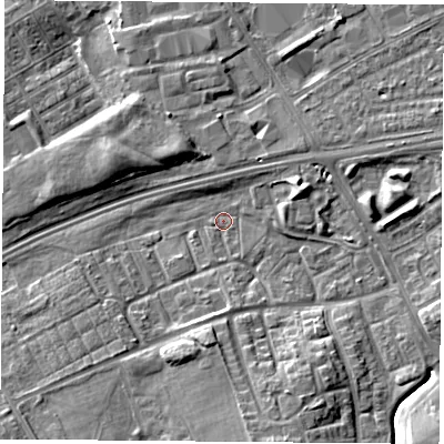 Shaded relief map of the ground around TS38HG, computed from Environment Agency LiDAR. The ground here sits at about 6 m above sea level and falls 8 m across the surrounding 800 m. Surface water reaching this point runs off ground lying to the south-south-east, 7.2 m higher.