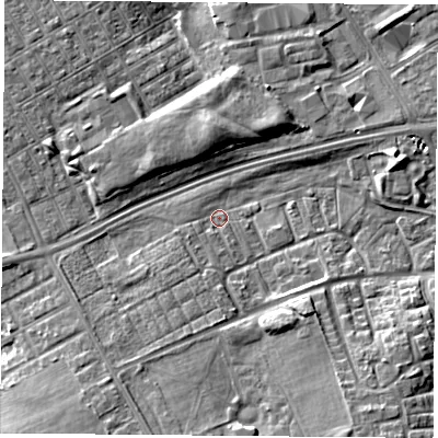 Shaded relief map of the ground around TS38HH, computed from Environment Agency LiDAR. The ground here sits at about 7 m above sea level and falls 9 m across the surrounding 800 m. Surface water reaching this point runs off ground lying to the south-south-west, 2.1 m higher.