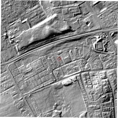 Shaded relief map of the ground around TS38HJ, computed from Environment Agency LiDAR. The ground here sits at about 7 m above sea level and falls 9 m across the surrounding 800 m. Surface water reaching this point runs off ground lying to the south-south-east, 7.9 m higher.