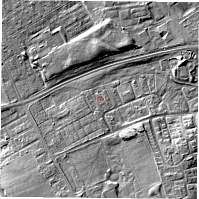 Shaded relief map of the ground around TS38HL, computed from Environment Agency LiDAR. The ground here sits at about 8 m above sea level and falls 9 m across the surrounding 800 m. Surface water reaching this point runs off ground lying to the south, 1.3 m higher.