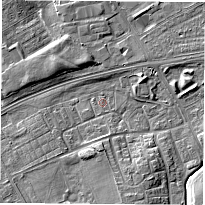 Shaded relief map of the ground around TS38HQ, computed from Environment Agency LiDAR. The ground here sits at about 6 m above sea level and falls 8 m across the surrounding 800 m. Surface water reaching this point runs off ground lying to the south-south-east, 7.2 m higher.