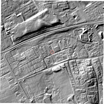Shaded relief map of the ground around TS38HR, computed from Environment Agency LiDAR. The ground here sits at about 7 m above sea level and falls 9 m across the surrounding 800 m. Surface water reaching this point runs off ground lying to the south-south-east, 6.6 m higher.