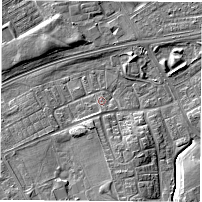 Shaded relief map of the ground around TS38JA, computed from Environment Agency LiDAR. The ground here sits at about 8 m above sea level and falls 9 m across the surrounding 800 m. Surface water reaching this point runs off ground lying to the south-south-east, 8.1 m higher.