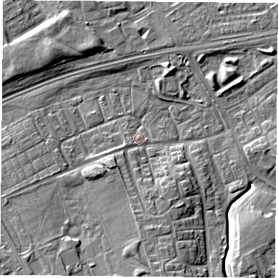 Shaded relief map of the ground around TS38JB, computed from Environment Agency LiDAR. The ground here sits at about 8 m above sea level and falls 9 m across the surrounding 800 m. Surface water reaching this point runs off ground lying to the south, 8.3 m higher.