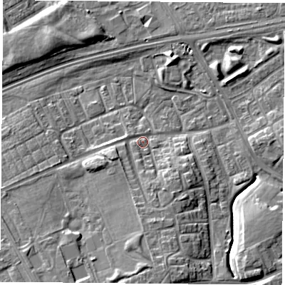 Shaded relief map of the ground around TS38JD, computed from Environment Agency LiDAR. The ground here sits at about 9 m above sea level and falls 9 m across the surrounding 800 m. Surface water reaching this point runs off ground lying to the south, 5.5 m higher.
