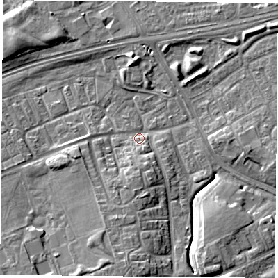 Shaded relief map of the ground around TS38JE, computed from Environment Agency LiDAR. The ground here sits at about 8 m above sea level and falls 9 m across the surrounding 800 m. Surface water reaching this point runs off ground lying to the south, 8.3 m higher.