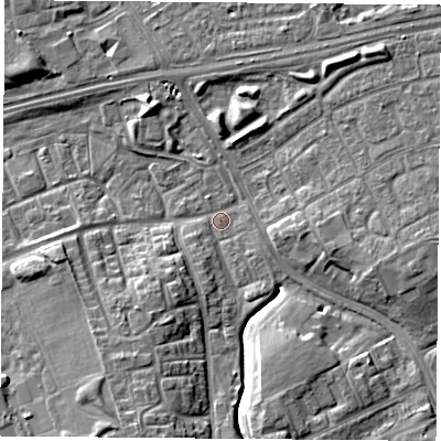 Shaded relief map of the ground around TS38JF, computed from Environment Agency LiDAR. The ground here sits at about 7 m above sea level and falls 9 m across the surrounding 800 m. Surface water reaching this point runs off ground lying to the south-south-west, 8.3 m higher.