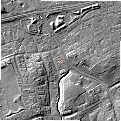 Shaded relief map of the ground around TS38JJ, computed from Environment Agency LiDAR. The ground here sits at about 8 m above sea level and falls 9 m across the surrounding 800 m. Surface water reaching this point runs off ground lying to the east, 0.9 m higher.