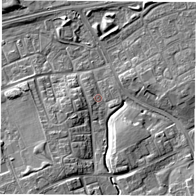 Shaded relief map of the ground around TS38JN, computed from Environment Agency LiDAR. The ground here sits at about 8 m above sea level and falls 10 m across the surrounding 800 m. Surface water reaching this point runs off ground lying to the south-west, 7.9 m higher.
