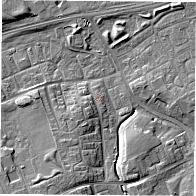 Shaded relief map of the ground around TS38JU, computed from Environment Agency LiDAR. The ground here sits at about 9 m above sea level and falls 9 m across the surrounding 800 m. Surface water reaching this point runs off ground lying to the south-west, 3.5 m higher.