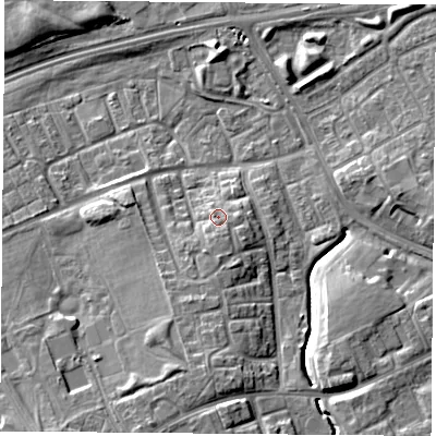 Shaded relief map of the ground around TS38JY, computed from Environment Agency LiDAR. The ground here sits at about 10 m above sea level and falls 10 m across the surrounding 800 m. Surface water reaching this point runs off ground lying to the south-south-east, 1.6 m higher.