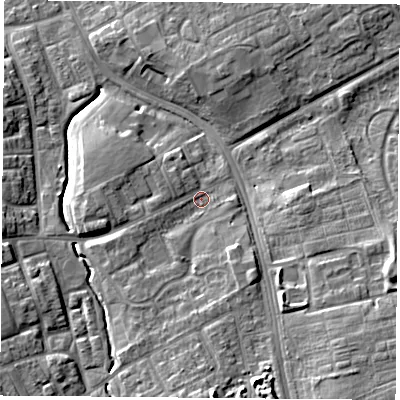 Shaded relief map of the ground around TS38LY, computed from Environment Agency LiDAR. The ground here sits at about 10 m above sea level and falls 12 m across the surrounding 800 m. Surface water reaching this point runs off ground lying to the south, 8.0 m higher.