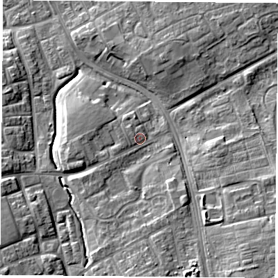 Shaded relief map of the ground around TS38LZ, computed from Environment Agency LiDAR. The ground here sits at about 11 m above sea level and falls 12 m across the surrounding 800 m. Surface water reaching this point runs off ground lying to the west-south-west, 1.5 m higher.