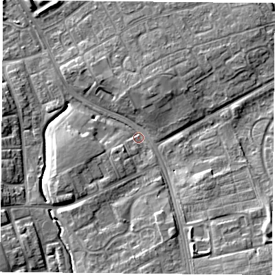 Shaded relief map of the ground around TS38NG, computed from Environment Agency LiDAR. The ground here sits at about 9 m above sea level and falls 10 m across the surrounding 800 m. Surface water reaching this point runs off ground lying to the south-south-east, 6.0 m higher.