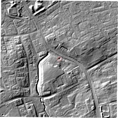 Shaded relief map of the ground around TS38NL, computed from Environment Agency LiDAR. The ground here sits at about 8 m above sea level and falls 10 m across the surrounding 800 m. Surface water reaching this point runs off ground lying to the south-south-west, 5.4 m higher.