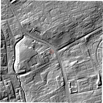 Shaded relief map of the ground around TS38NQ, computed from Environment Agency LiDAR. The ground here sits at about 9 m above sea level and falls 11 m across the surrounding 800 m. Surface water reaching this point runs off ground lying to the south-south-east, 5.7 m higher.