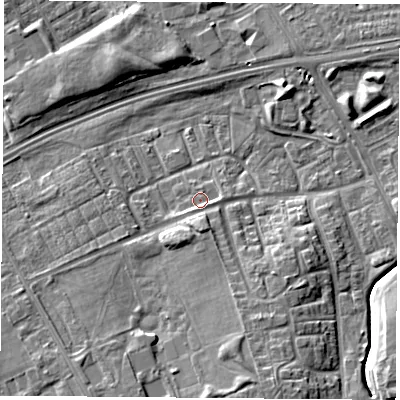 Shaded relief map of the ground around TS38RL, computed from Environment Agency LiDAR. The ground here sits at about 8 m above sea level and falls 9 m across the surrounding 800 m. Surface water reaching this point runs off ground lying to the south, 2.0 m higher.