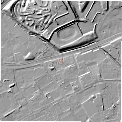 Shaded relief map of the ground around TS38RQ, computed from Environment Agency LiDAR. The ground here sits at about 5 m above sea level and falls 13 m across the surrounding 800 m. Surface water reaching this point runs off ground lying to the south, 3.1 m higher.
