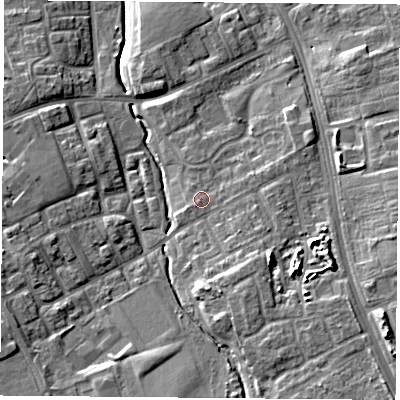 Shaded relief map of the ground around TS38SA, computed from Environment Agency LiDAR. The ground here sits at about 13 m above sea level and falls 13 m across the surrounding 800 m. Surface water reaching this point runs off ground lying to the south-south-west, 0.8 m higher.