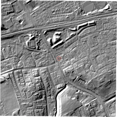 Shaded relief map of the ground around TS39AW, computed from Environment Agency LiDAR. The ground here sits at about 7 m above sea level and falls 8 m across the surrounding 800 m. Surface water reaching this point runs off ground lying to the east-south-east, 5.3 m higher.