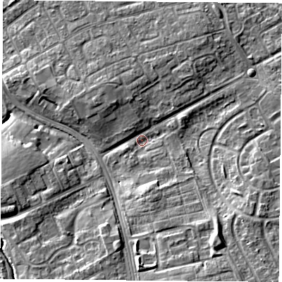 Shaded relief map of the ground around TS39EW, computed from Environment Agency LiDAR. The ground here sits at about 9 m above sea level and falls 10 m across the surrounding 800 m. Surface water reaching this point runs off ground lying to the south-south-east, 7.0 m higher.