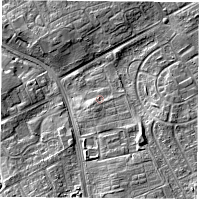 Shaded relief map of the ground around TS39EX, computed from Environment Agency LiDAR. The ground here sits at about 11 m above sea level and falls 10 m across the surrounding 800 m. Surface water reaching this point runs off ground lying to the south-south-west, 2.5 m higher.
