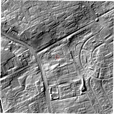 Shaded relief map of the ground around TS39EY, computed from Environment Agency LiDAR. The ground here sits at about 10 m above sea level and falls 9 m across the surrounding 800 m. Surface water reaching this point runs off ground lying to the south, 3.3 m higher.