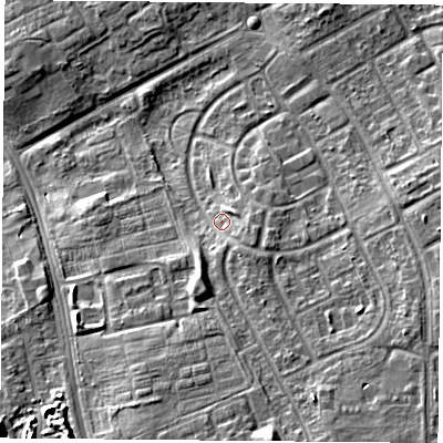 Shaded relief map of the ground around TS39JA, computed from Environment Agency LiDAR. The ground here sits at about 13 m above sea level and falls 10 m across the surrounding 800 m. Surface water reaching this point runs off ground lying to the south-east, 2.9 m higher.