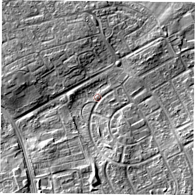 Shaded relief map of the ground around TS39JE, computed from Environment Agency LiDAR. The ground here sits at about 10 m above sea level and falls 9 m across the surrounding 800 m. Surface water reaching this point runs off ground lying to the east-south-east, 6.1 m higher.