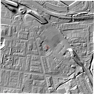 Shaded relief map of the ground around TS42AF, computed from Environment Agency LiDAR. The ground here sits at about 5 m above sea level and falls 13 m across the surrounding 800 m. Surface water reaching this point runs off ground lying to the west-north-west, 3.9 m higher.