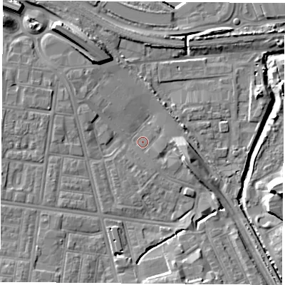 Shaded relief map of the ground around TS42AG, computed from Environment Agency LiDAR. The ground here sits at about 4 m above sea level and falls 13 m across the surrounding 800 m. Surface water reaching this point runs off ground lying to the south, 1.1 m higher.
