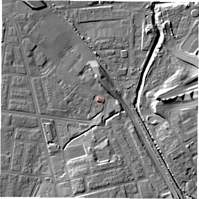 Shaded relief map of the ground around TS42AH, computed from Environment Agency LiDAR. The ground here sits at about 4 m above sea level and falls 10 m across the surrounding 800 m. Surface water reaching this point runs off ground lying to the south, 7.4 m higher.