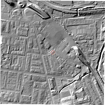Shaded relief map of the ground around TS42AR, computed from Environment Agency LiDAR. The ground here sits at about 5 m above sea level and falls 10 m across the surrounding 800 m. Surface water reaching this point runs off ground lying to the south-east, 1.2 m higher.