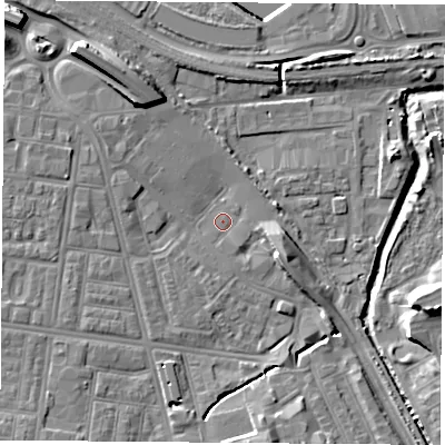 Shaded relief map of the ground around TS42AS, computed from Environment Agency LiDAR. The ground here sits at about 4 m above sea level and falls 13 m across the surrounding 800 m. Surface water reaching this point runs off ground lying to the north-west, 8.4 m higher.