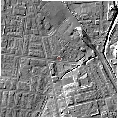 Shaded relief map of the ground around TS42BG, computed from Environment Agency LiDAR. The ground here sits at about 4 m above sea level and falls 9 m across the surrounding 800 m. Surface water reaching this point runs off ground lying to the south-south-east, 7.7 m higher.